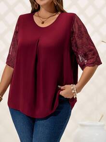 EMERY ROSE Blusa elegante holgada con cuello redondo y encaje de contraste, para verano, tallas grandes, estilo bohemio para mujeres - Burdeos - Ver 4