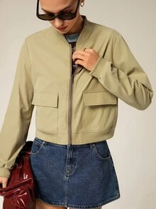 Hanevo Women's Casual Elegant Commuter Long Sleeve Zip-Up Jacket With Pockets, Short Style, Suitable For Autumn/Winter