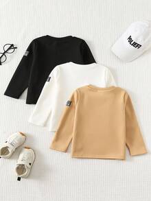 SHEIN 3 pièces/set T-shirt à col ras du cou épais à manches longues pour jeune garçon, hauts de base polyvalents et confortables, convenant pour l'intérieur, l'extérieur, le port quotidien, les sports, les jeux, les fêtes, les séances photo, la rentrée scolaire, les festivals comme Halloween, Noël, Nouvel An, l'automne/hiver - Multicolore - Voir 2