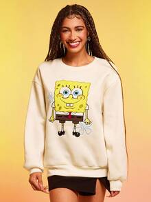 SpongeBob SquarePants | SHEIN 女士休闲卡通图案宽松落肩卫衣，秋季 - 杏色 - 查看 6