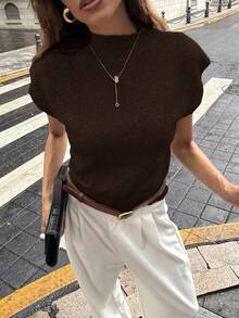 Firerie 优雅高领宽松休闲百搭无袖针织毛衣背心，秋冬棕色毛衣