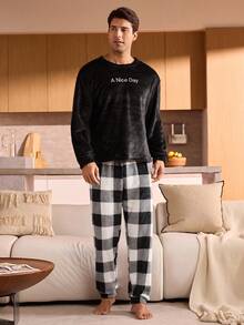 SHEIN 男士休闲睡衣套装（长袖上衣和长裤），秋冬装，圣诞节，蓬松舒适 - 黑色 - 查看 3