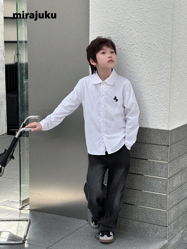 Tween Boy's Embroidered Horse Casual Loose Fit Long Sleeve Shirt, Spring Summer