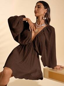 Travachic 女士纯色梭织宽松V领长袖迷你连衣裙，适合春夏季度假 - 咖啡棕 - 查看 7