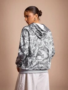 SHEIN 女士全印花落肩休闲宽松卫衣 - 灰色 - 查看 7