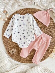 新生儿三件套服装，面料柔软舒适，紫色碎花长袖连体衣，撞色滚边，搭配纯色高腰裤和可爱帽子，秋冬家居服套装 - 彩色 - 查看 2