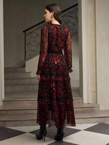 ZEYLAH Floral Print Patchwork Lace Romantic Women Dress, Autumn/Winter - Multicolor - View 3