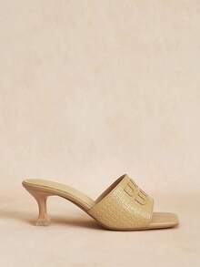 Rosivie Women's Square Toe Woven Stiletto Heels Mid Heel Gold High Heel Sandals - Apricot - View 2