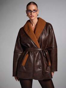 SHEIN BAE Women's Casual Shawl Collar Drop Shoulder Long Sleeve Faux Fur Jacket, Autumn/Winter,Women's Autumn/Winter New Faux Fur Lined, Leather Jacket, Brown Jacket Women - Coffee Brown - View 3