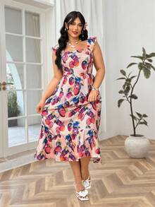 Soleia Plus Size Women Flowy Fruit Print Maxi Dress With Flutter Sleeves, Vacation - Multicolor - View 3