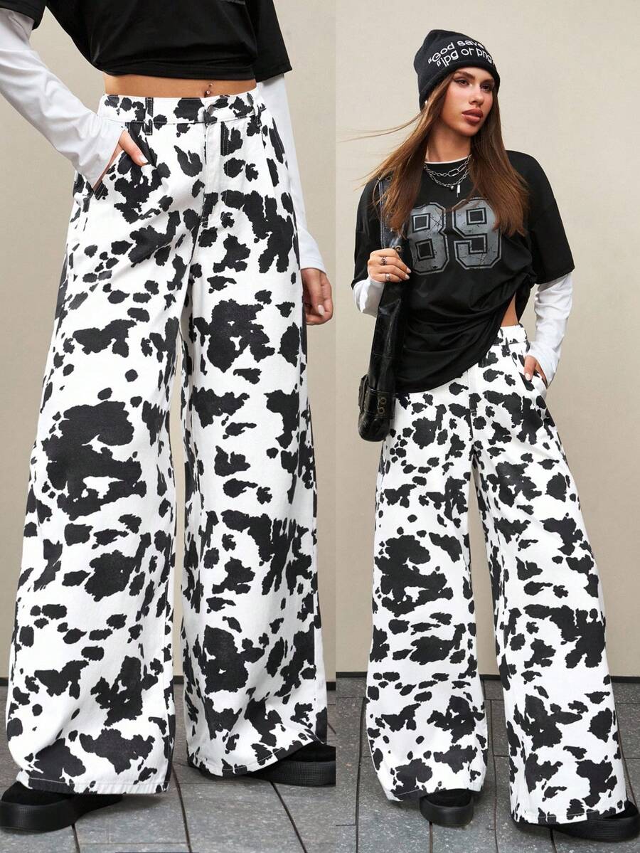 Jeanoix Jeans casuales de ajuste holgado con estampado todo sobre y bolsillos para mujer - Caqui - Ver 1