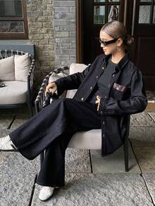 DAZY 女士休闲拼布衬衫和阔腿牛仔裤套装，秋季 - 藏蓝色 - 查看 6