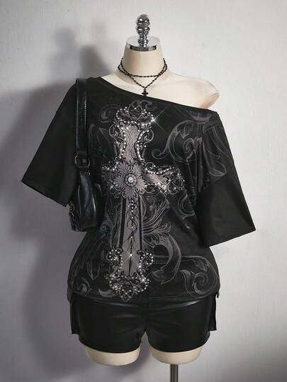 SHEIN ICON 加大码女式 Y2K 复古垃圾摇滚风格十字印花宽松斜肩 T 恤