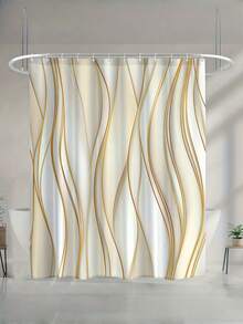SHEIN 1 Pc Of Gold Striped Printed Bathroom Curtain - Rural Home And Bathroom Decoration, Made Of Polyester Material, Including 12 Hooks, Machine Washable And Hand Washable, Suitable For Year-Round Use - Multicolor - View 2