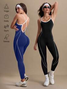 Easithlete 女式无缝露背交叉带运动连体裤 - 彩色 - 查看 2