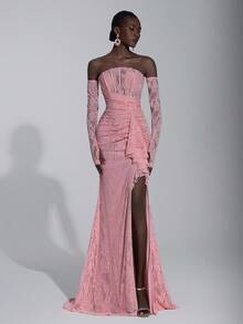 Elitara Elegant Luxurious Stretchy Lace Off Shoulder Strapless Dress With Detachable Sheer Ruffle Sleeves And Sexy Thigh-High Slit Fishtail Hem, Suitable For Weddings, Parties, Vacations, Galas, And Formal Events