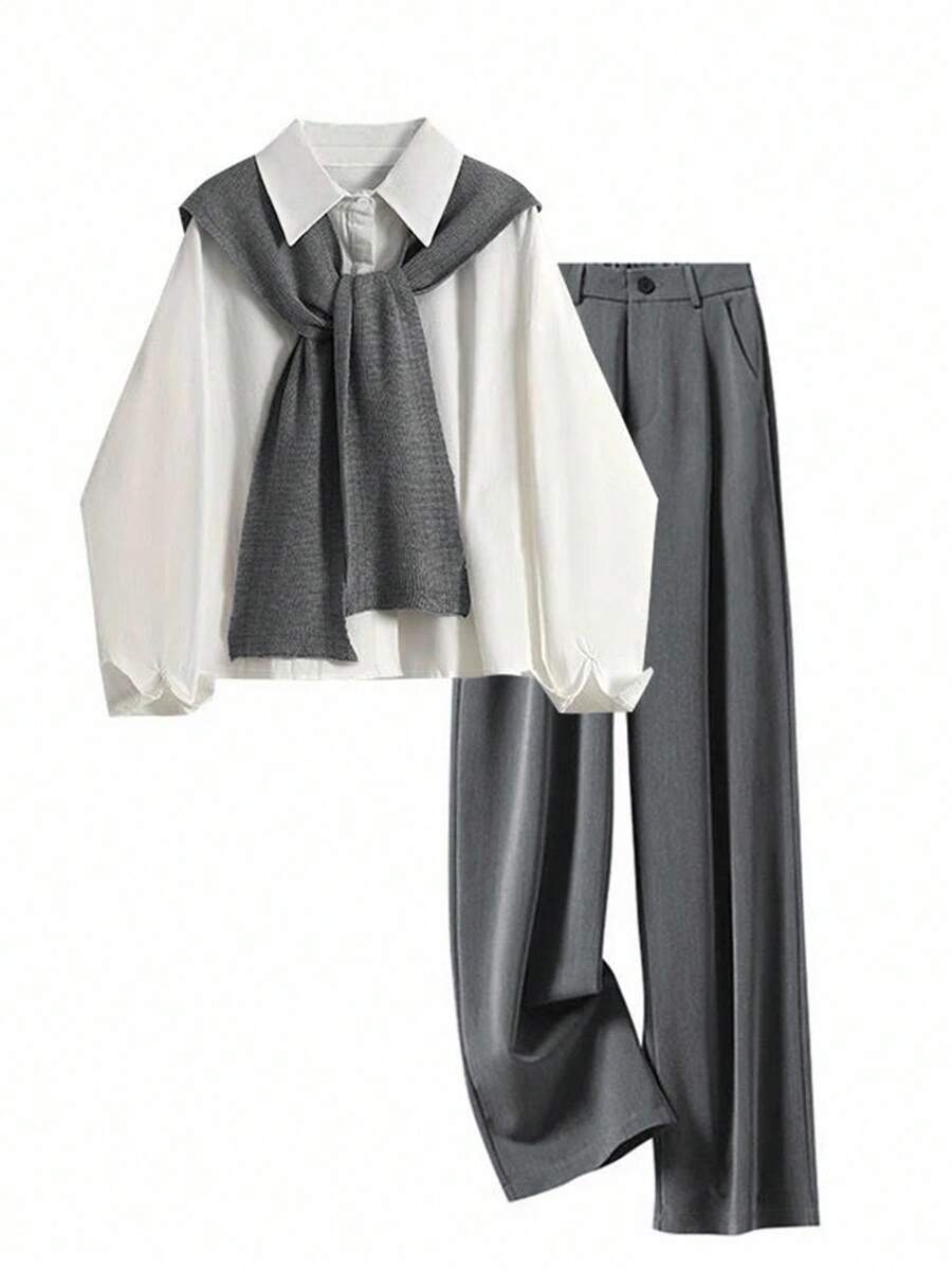 INAWLY Plus Size Women Casual Elegant Minimalist Color Block Shirt And Pants 2 Pieces Set