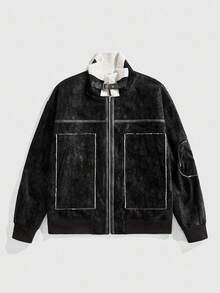 ROMWE MEN Street Life Chaqueta con cremallera delantera y hombros caídos con forro de piel sintética para hombre, otoño/invierno - Negro - Ver 1