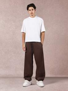 SUMWON Quần ống rộng bằng nylon thông thường có đường viền tương phản, cạp chun, dáng rộng, có dây rút, thời trang dạo phố thu đông, thường ngày - màu nâu - Xem 3