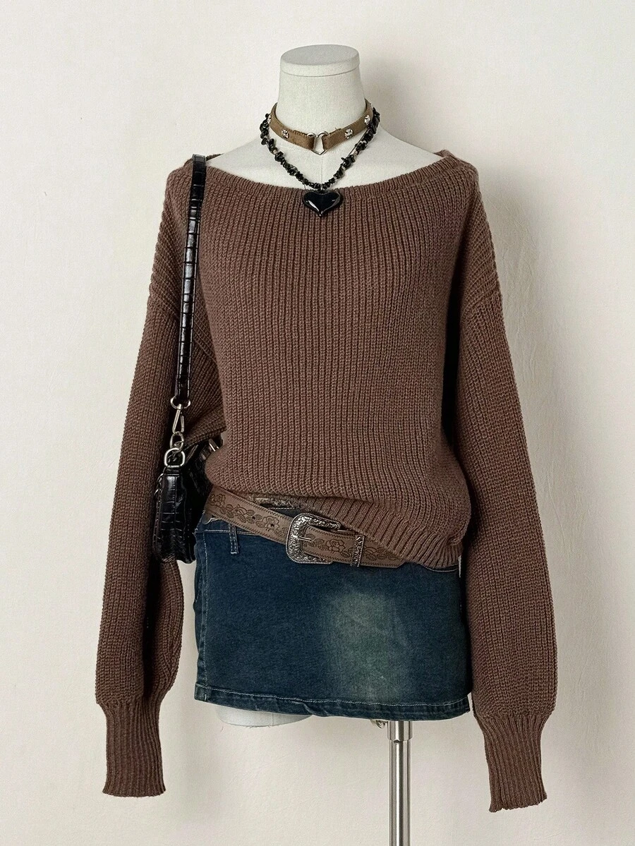 SHEIN Unity Damen einfarbiger gerippter Oversize Lässig Langarm Pullover mit Schulterausschnitt, Damen Brauner Pullover, Herbstpullover, Off-Shoulder Pullover - Khaki - Übersicht 1