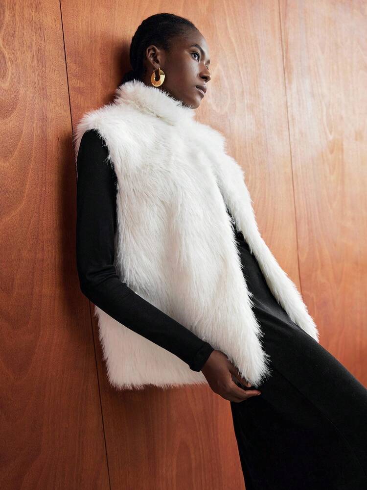 SHEIN Maija Women's White Fluffy Fabric Loose Fit Long Vest, Fashionable Sleeveless Jacket With Slant Pockets, Elegant For Party, Holiday, Casual Daily Wear, Autumn/Winter Winter Coat Women Winter Clothes Women Winter Jacket Winter Coat