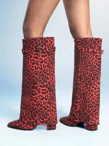 Sugerpunk 女士搭扣豹纹中高跟及膝靴 - 彩色 - 查看 1