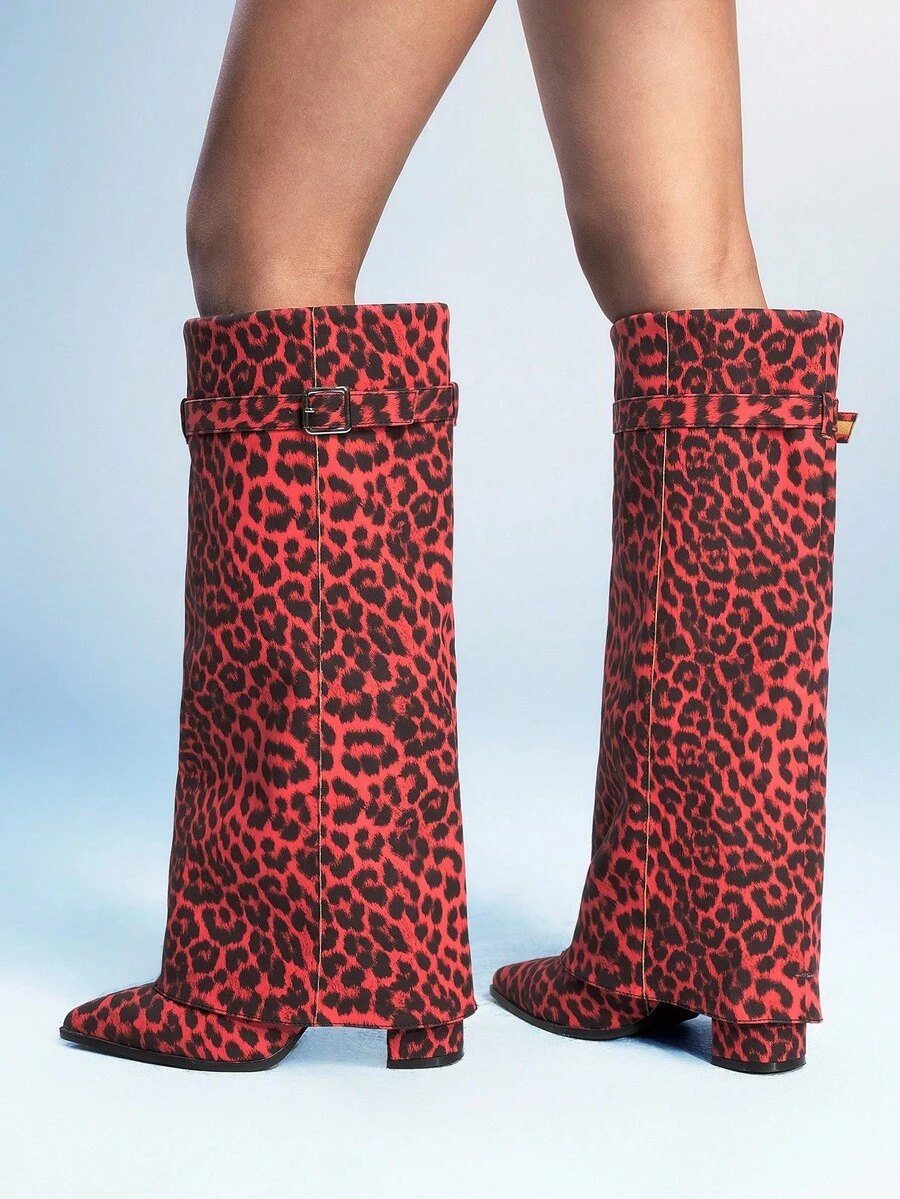 Sugerpunk 女士搭扣豹纹中高跟及膝靴 - 彩色 - 查看 1