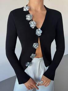 Firerie Women's Elegant Party 3D Floral Graduation Sweater Top, Neck Solid Color Knitted Cardigan,Halloween Costumes ,Wedding Guest For Women Autumn/Winter,Fall Clothes For Women,Knit Sweater, Comfortable & Elegant, Suitable For Dating, Casual, Travel In Autumn/Winter,Festival Party Outfits For Women Black Cardigan Cropped Cardigan