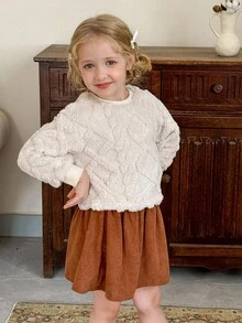 LMoss Kids LMoss 女童纯色圆领休闲卫衣，女童秋季服装，儿童秋季连衣裙，圣诞节，冬季服装，套头衫，圣诞毛衣，舒适秋冬装，温暖秋冬风格，长袖上衣 - 杏色 - 查看 3