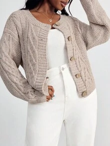 SHEIN PETITE CURVE Cardigan ample à col rond et manches longues, couleur unie, grande taille, automne/hiver - Tabac - Voir 4