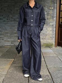 DAZY Women's Casual Long Sleeve Jacket And Wide Leg Jeans Suit, Autumn - Navy Blue - View 5