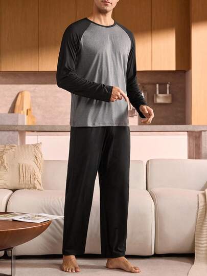 Manfinity Underwear&Sleepwear Basics Conjunto de pijama de talla grande para hombres con parches de color contrastante (parte superior y pantalones), ropa de otoño