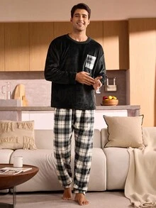 Manfinity Underwear&Sleepwear Basics Plaid Long Sleeve Top And Pants Fleece Fluffy Pajama Set For Men, Fall Winter Clothes, Cozy - Black - View 4
