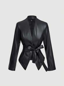 SHEIN MOD 女士黑色PU皮革长袖打结腰身时尚西装外套，秋冬款，时尚百搭，外出休闲，尽显优雅气质 - 黑色 - 查看 5
