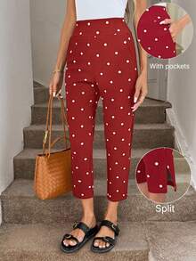 SHEIN LUNE New Black & White Polka Dot Print Pants With Pockets And Slit Hem, 3/4 Length - Red - View 2