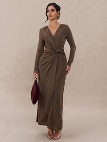 Modelyn Women's Solid Color Minimalist V-Neck Long Sleeve Dress, Casual Everyday Wear  Winter Dresses For Women   Wedding Guest Dress Elegant - Brown - View 3