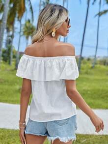 Soleia 一字肩荷葉邊素色襯衫 - 白色 - 查看 2