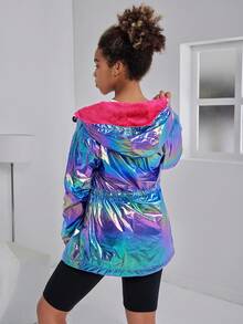 少女激光反光保暖连帽束腰外套，秋冬季 - 彩色 - 查看 2