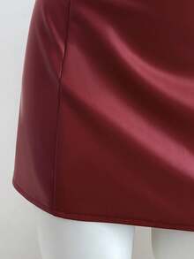 Elamini 酒红色 PU 皮革复古性感别致露背系带腰身修身迷你连衣裙 - 酒紅色 - 查看 4