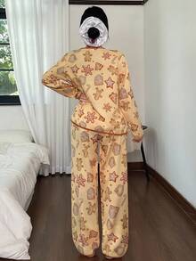 SHEIN Christmas Theme Snowflake Gingerbread Man Print Long Sleeve Top & Pants Casual Women Pajama Set, Fall Winter Clothes - Yellow - View 2