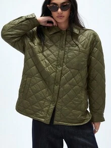 Aveloria GENKIRA 橄榄绿秋冬新款衬衫领翻领纽扣宽松短款长袖拼布绗缝菱形图案女士棉服外套 - 軍綠色 - 查看 5