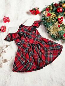 PETSIN 1pc Classic Plaid Print Cute Dog Dress With Puff Sleeves For Pet, Christmas - Red - View 6