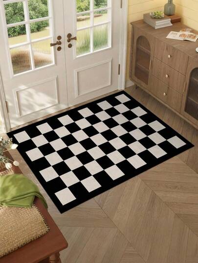 SHEIN 1PC Black White Checkered Doormat Non-Slip Heavy Duty Polyester Indoor Outdoor Entry Mat Machine Washable Front Door Patio Rug Durable Low Maintenance Floor Essential