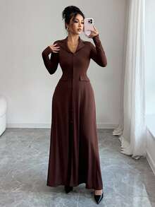 Elenzga 优雅通勤棕色翻领收腰修身纽扣装饰大A字形后背蝴蝶结长袖超长连衣裙，女士秋冬装 - 棕色 - 查看 6