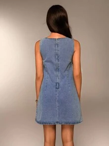 Avantive 夏季新款圆领无袖A字型水钻装饰女式牛仔迷你连衣裙