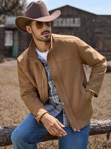 Manfinity Nomadique Men's Autumn Western Style Zip-Up Suedette Casual Jacket Casual Jacket Rodeo For Men Western Jacket Western Tough Wear For Men Fleece