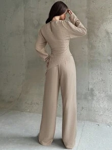 Firerie 2pcs Women's Khaki Elegant Office Outfit,Autumn Asymmetric Ruched Waist Long Sleeve Blouse And Wide Leg Pants,Linen Minimalist Casual Commute Suit - Khaki - View 2