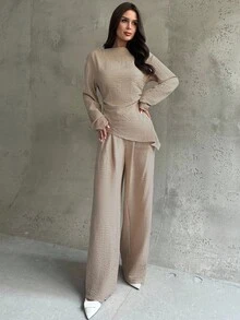 Firerie 2pcs Women's Khaki Elegant Office Outfit,Autumn Asymmetric Ruched Waist Long Sleeve Blouse And Wide Leg Pants,Linen Minimalist Casual Commute Suit - Khaki - View 3