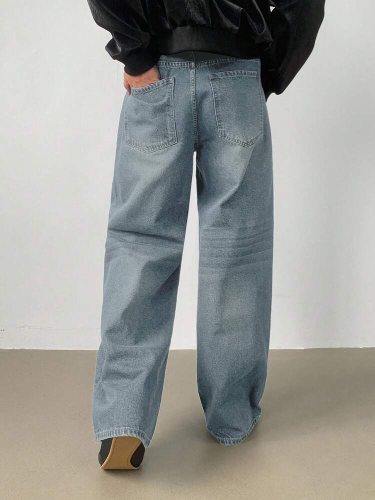 Men's Distressed Washed Dark Blue Denim Jeans, Autumn