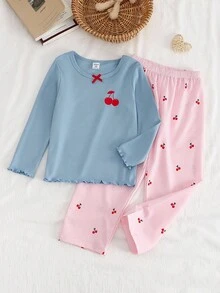 Young Girl' Grey-Blue Ribbed Cherry Print Long Sleeve Top & Ribbed Pants Pajama Set Fall Winter